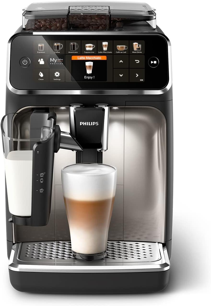Philips Serie 5400 Cafetera Superautomática - Sistema de Leche LatteGo, 12 Variedades de Café, Pantalla Intuitiva, 4 Perfiles de Usuario, Cromado (EP5447/90)