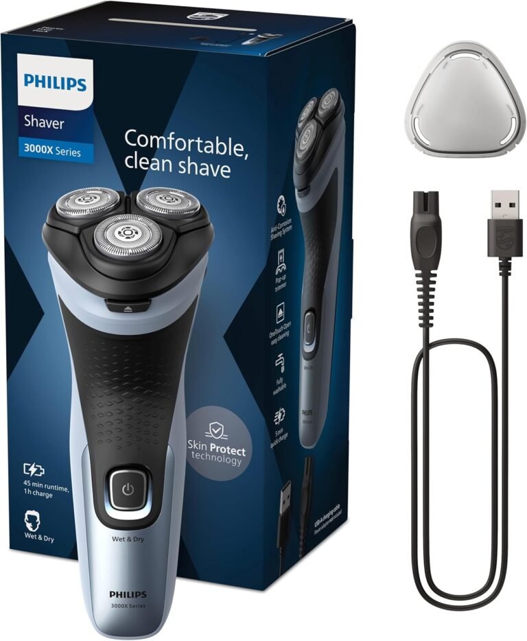 Philips Serie X3000 Afeitadora Eléctrica Hombre, Máquina de Afeitar Barba con Cortapatillas, 27 cuchillas, Cuida la piel, 45min de uso, En Seco y Húmedo, Recargable, X3053/00, Azul