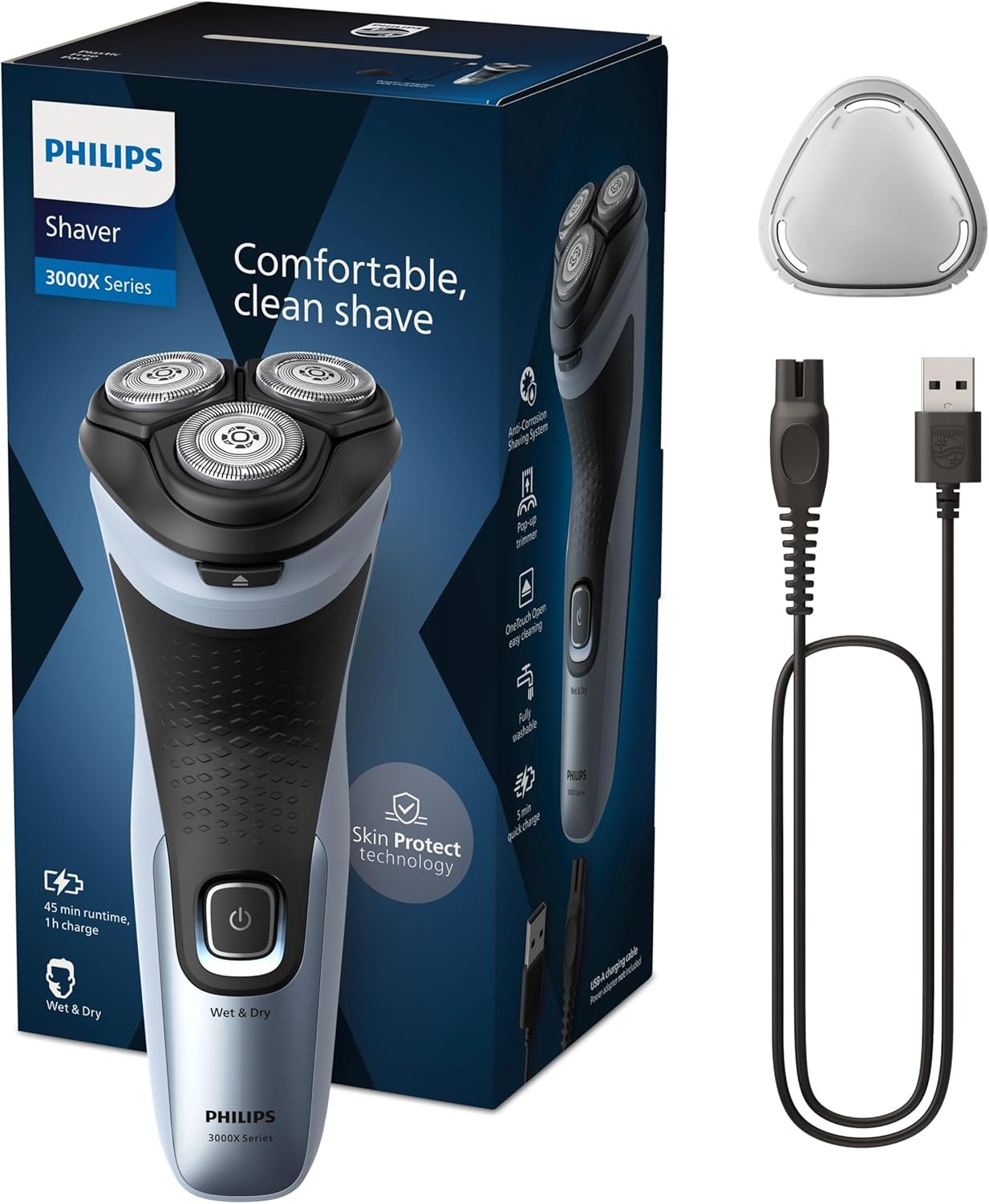 Philips Serie X3000 Afeitadora Eléctrica Hombre, Máquina de Afeitar Barba con Cortapatillas, 27 cuchillas, Cuida la piel, 45min de uso, En Seco y Húmedo, Recargable, X3053/00, Azul