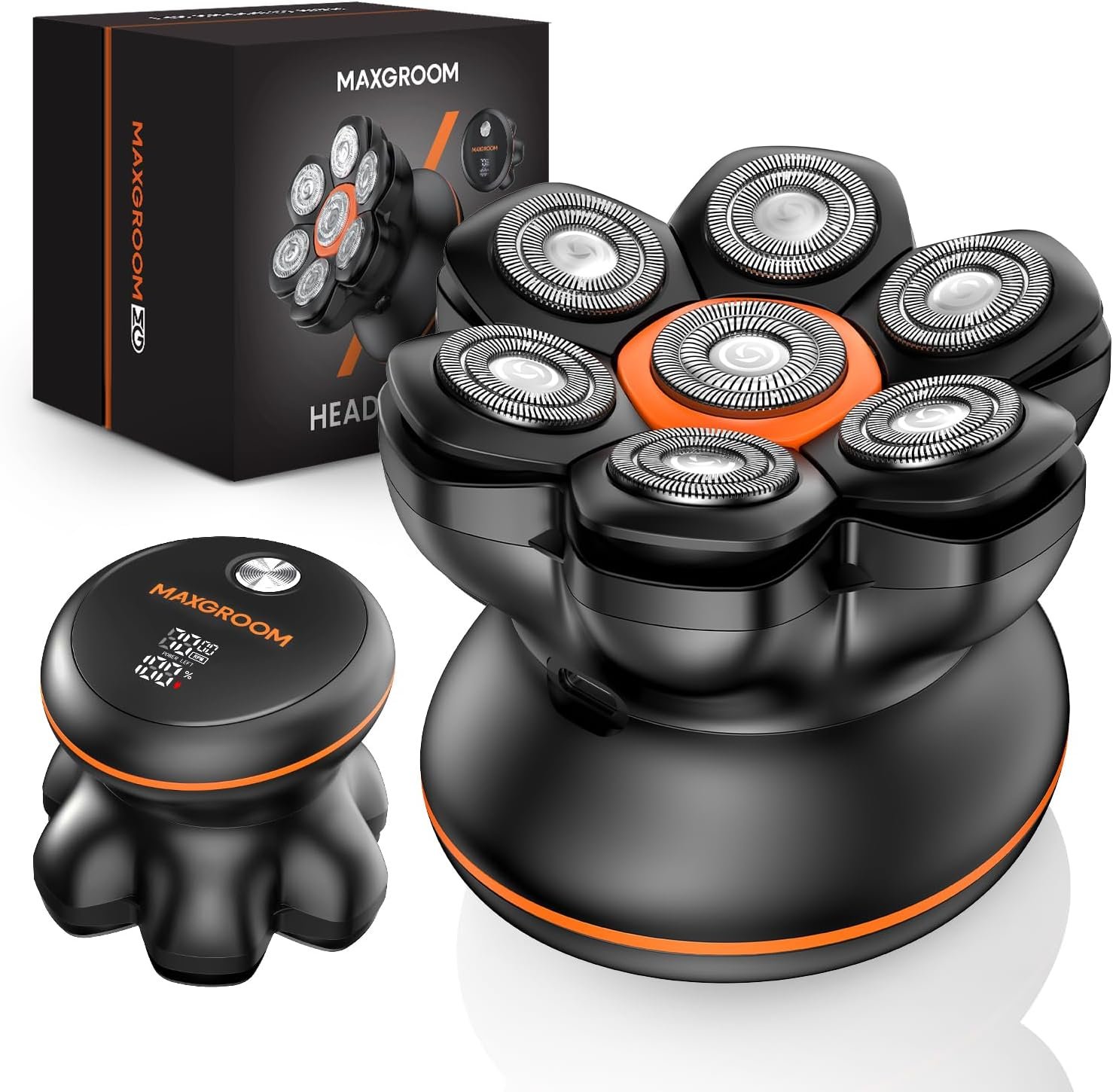 MAXGROOM Afeitadora Cabeza Hombre, Maquina Afeitar Hombre, Afeitadora para Calva en Seco y Húmedo, Batería de Larga Duración, 7 Cabezales, Magnético, 100% impermeable, Color Negro
