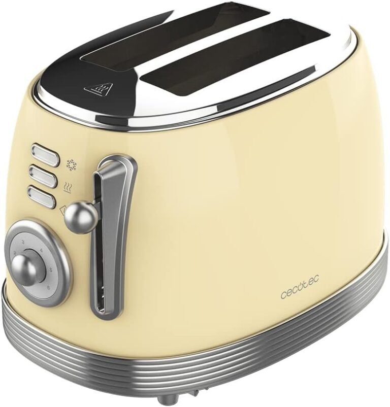 Cecotec Tostadora Toast&Taste 800 Vintage Light Yellow. 850 W, Doble Ranura Corta Extra anchas de 3,8 cm, 2 Tostadas, Acabados en Acero Inoxidable, Estilo Vintage, 3 Funciones, Amarillo