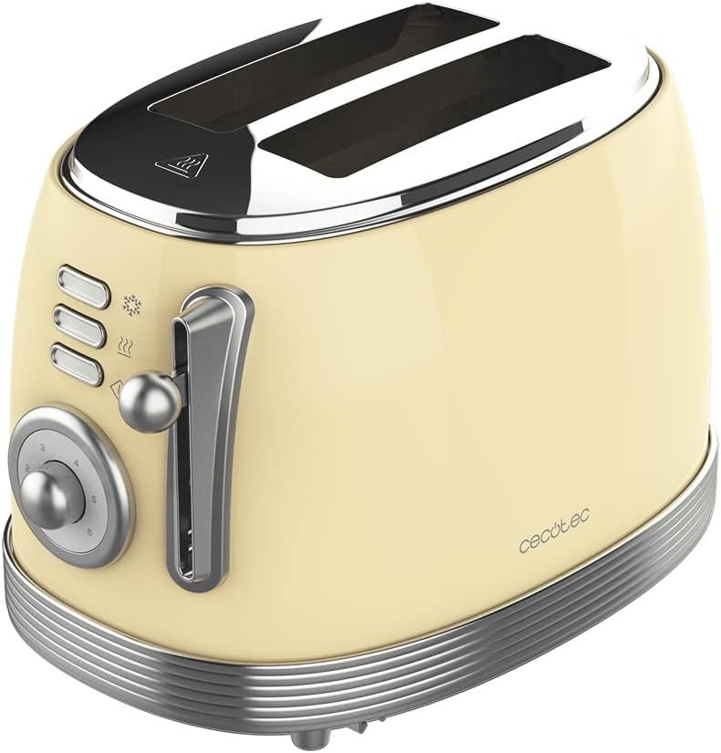 Cecotec Tostadora Toast&Taste 800 Vintage Light Yellow. 850 W, Doble Ranura Corta Extra anchas de 3,8 cm, 2 Tostadas, Acabados en Acero Inoxidable, Estilo Vintage, 3 Funciones, Amarillo
